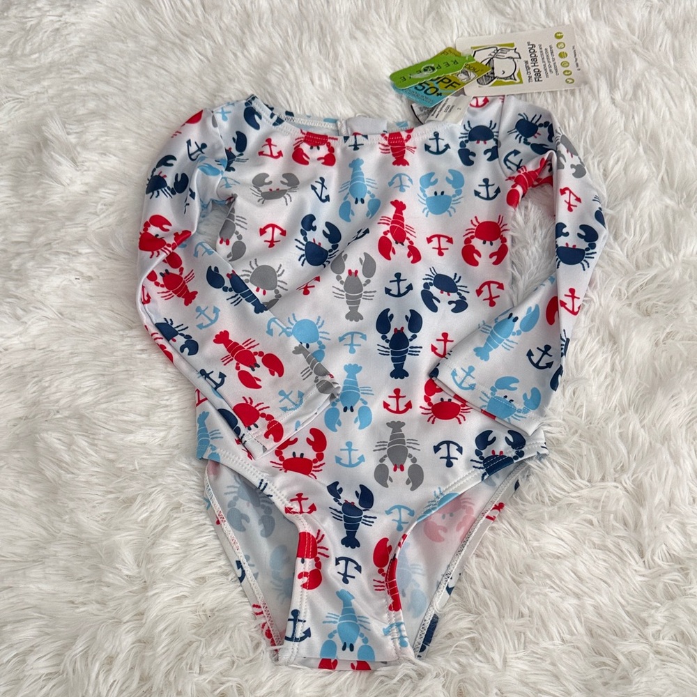 Long Sleeve Baby Swimsuit with Red, Blue & Gray Sea Life Print
